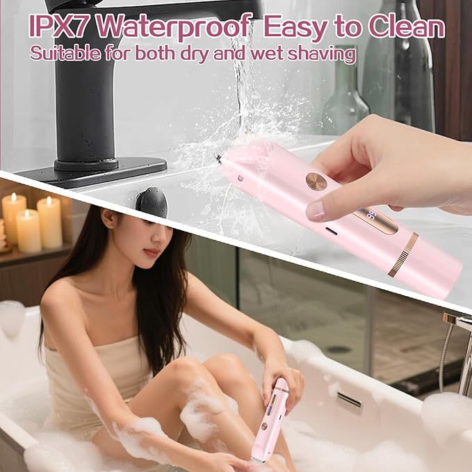 2 in 1 Bikini Trimmer for Women, Dual Head Electric Shaver with LED Display, IPX7 Waterproof Body Pubic Hair Trimmer Rechargeable Womens Electric Razor for Armpit Leg Body Facial Wet & Dry Use