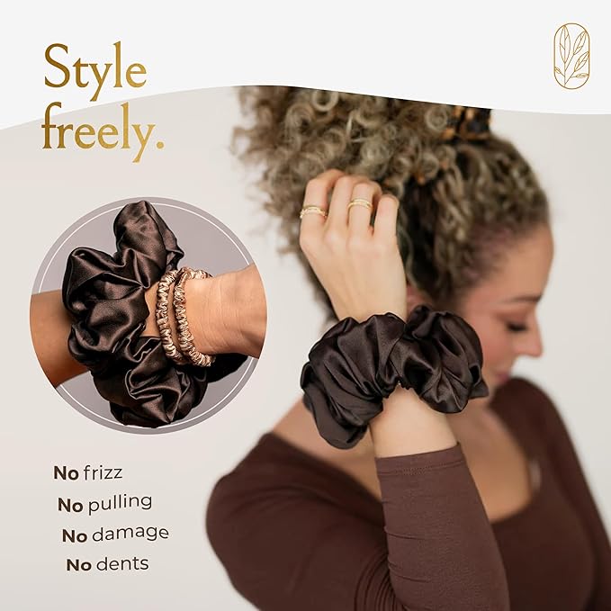 Silk Scrunchies for Women Ponytail Holders – Oversized Mulberry Silk Scrunchies – Extra Large No Damage Hair Ties for Curly, Thick, and Thin - Hair Accessories for Women – Espresso, XL By Curlfriend