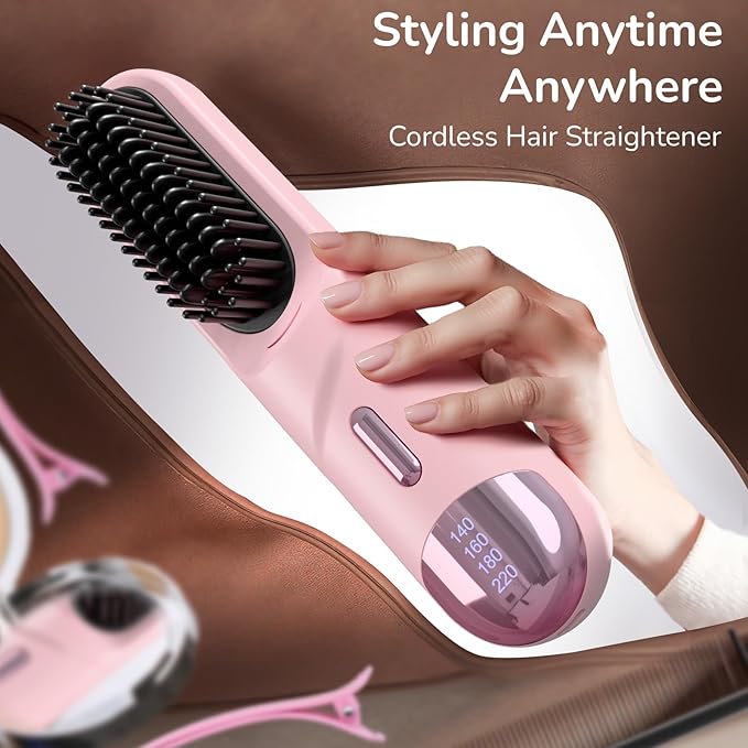 Go Brush Pro 2026 Hair Straightener Brush 300 Million Negative Ionic Portable Cordless Hair Straightener for Women with 4 Temps Fast Heating MCH Ceramic Coating Smooth Frizz - Free Hair Gift for Women