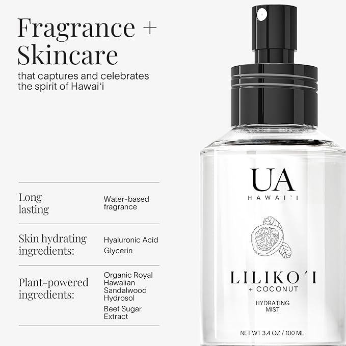 Lilikoi Coconut Body and Hair Mist from Hawaii, Hair Perfume for a Light, Hydrating Refresh, Body Mist for Women and Men, Alcohol-Free, With Moisturizing Hyaluronic Acid & Glycerin, 3.4 oz