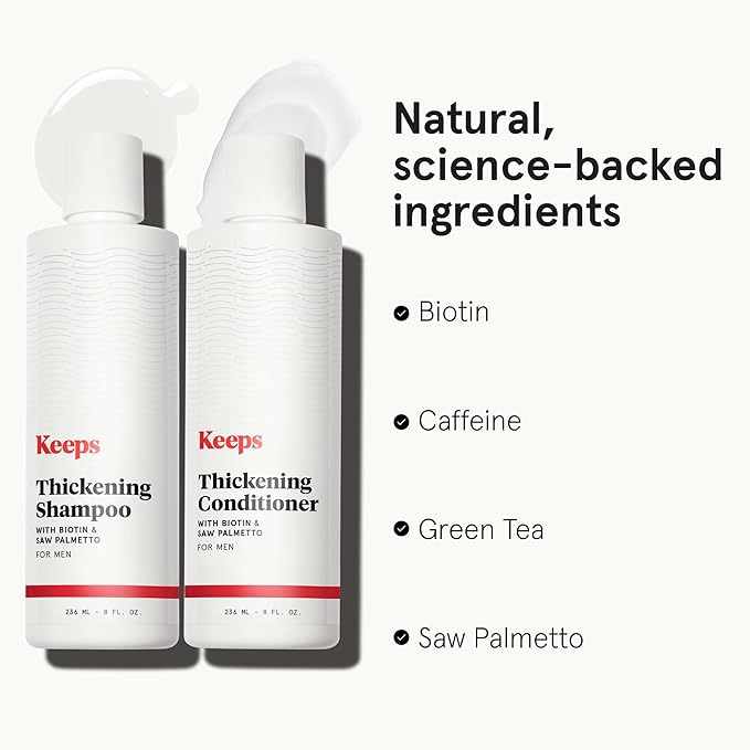 Keeps Men’s Hair Loss Shampoo & Conditioner with Biotin - Anti-Thinning & Hair Growth Products for Men - DHT Blocker with Saw Palmetto & Caffeine for Fuller, Thicker Looking Hair - Color-Safe