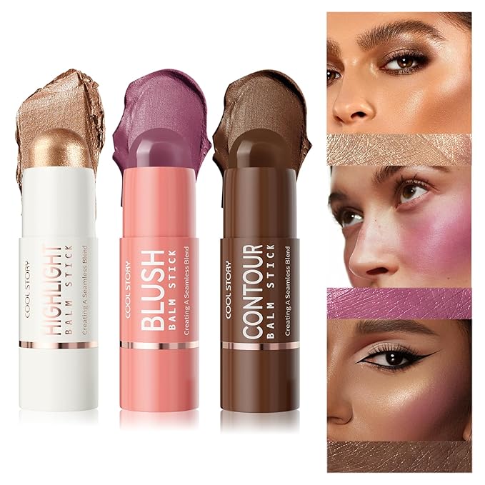 Cool Story 3-in-1 Makeup Set, Highlighter, Blush and Contour Balm Stick, Cream Formula for Face Contouring, Professional Cosmetic Kit (SET-C)
