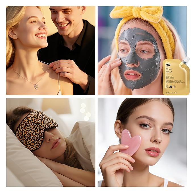 33 Pcs Honey & Almond Skin Care for Women, Spa Bath & Body Gift Set, Face Sheet Mask, Hydrogel Mask, Lip Gloss, Cosmetic Bag, Face Serum, Necklace, Cleanser, Valentine's Day, Anniversary, Birthday