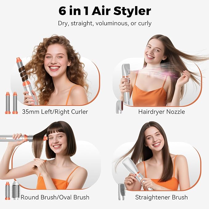 6 in 1 Blow Dryer Brush,110-120V Hair Dryer Brush,110,000 RPM High-Speed,Negative Ion & 4 Adjustable Temp Hot-Air Hair Brush,Detachable Hot Air Styler Set for Women