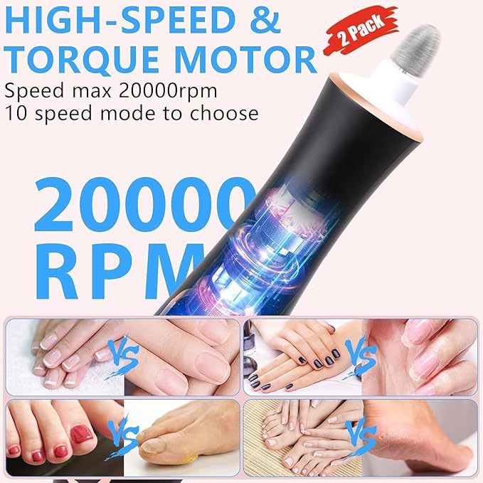 2 Pack 10-in-1 Electric Nail Drill with 100 Sanding Bands – Professional Manicure & Pedicure Kit, Black