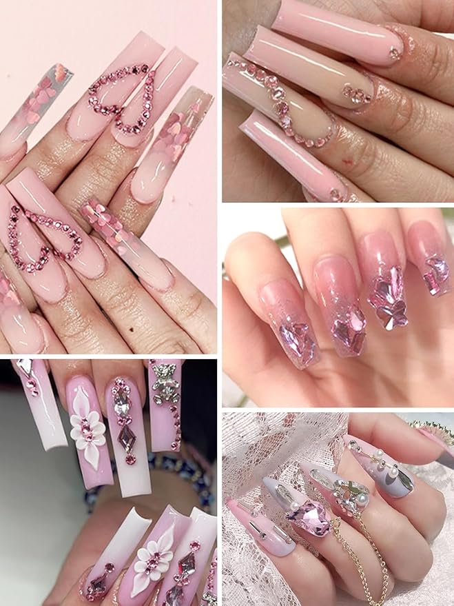1620 Pcs Nail Art Rhinestones Pink Nail Charms Glass Nail Gems, Wsimily Crystal Flatback Shiny Mixed Nail Rhinestones Beads for DIY Manicure Craft with Tweezer Storage Box Picker Pencil