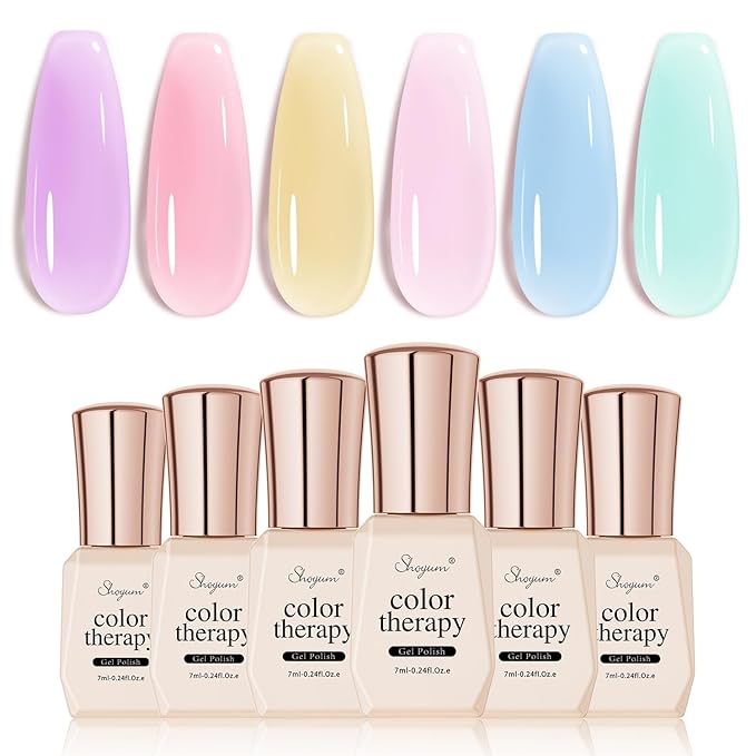 Jelly Crystal Gel Nail Polish Set, 6 Colors Pastel Blue Purple Rainbow Yellow Pink Gel Polish Kit Uv LED Dryer Cured Spring Summer Nail Trend Gel Nail Art Kit Gifts for Women