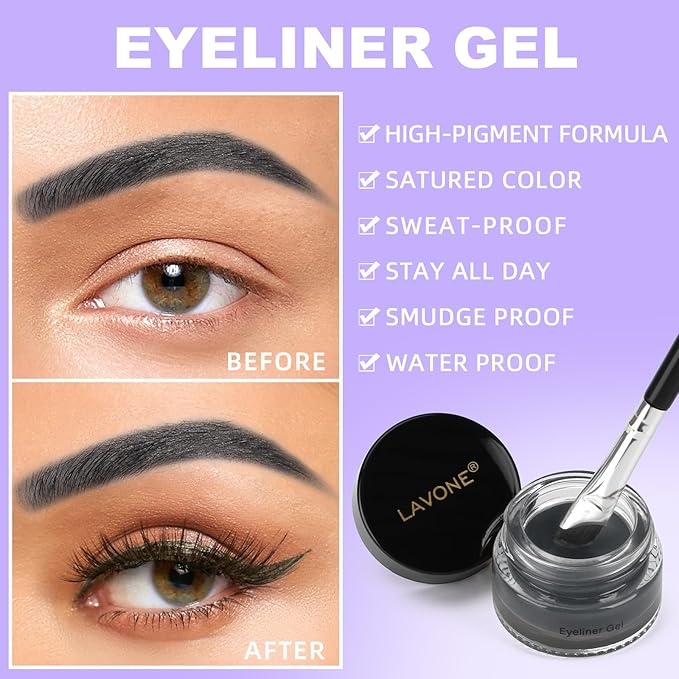 LAVONE Eyeliner Set - Waterproof Makeup Kit with Liquid Eye Liner Pencil, Gel Eyeliner and Angled Eye Liner Brush, Waterproof, Smudge Resistant, Long Lasting Formula - Granite