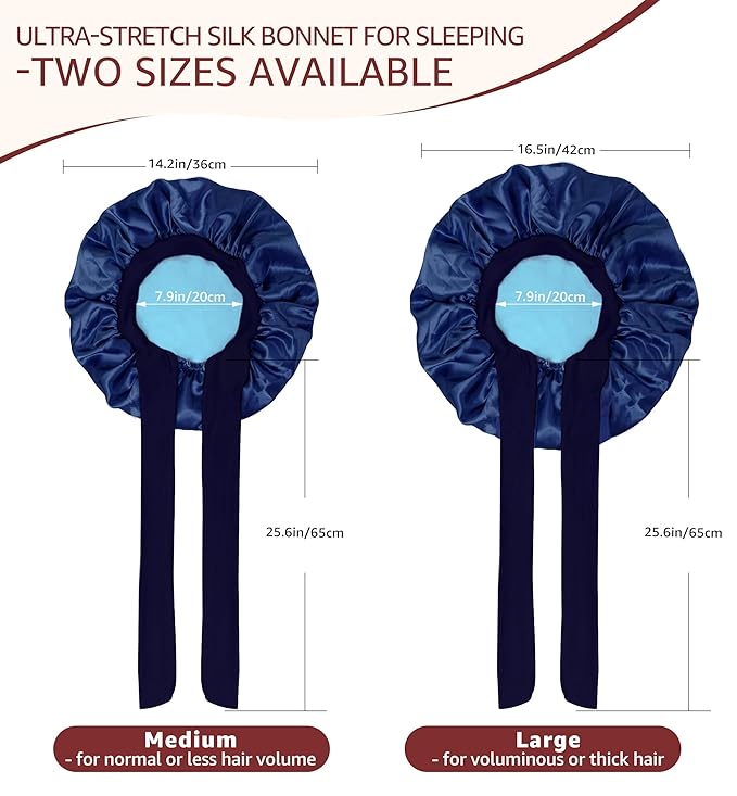 HiRui Silk Satin Bonnet for Sleeping Women, Double-Layer Sleep Cap Shower Cap with Adjustable Tie, Moisture Retaining Satin Lined Hair Bonnet for Curly and Natural Hair (Navy Blue/Light Blue, Medium)