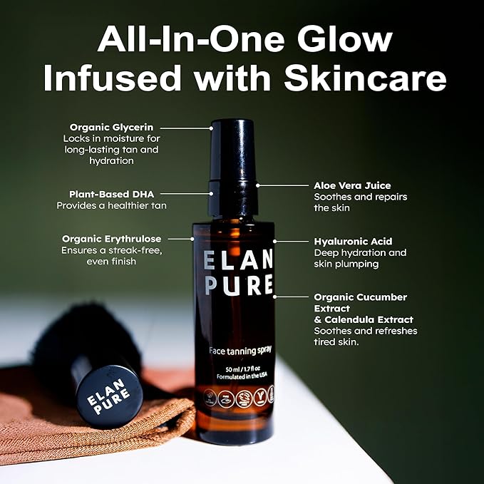Face Tanning Mist, Organic Ingredients, Sunless Self Tanner, Bronzing, Hydrating, Streak-Free, Long Lasting Glow