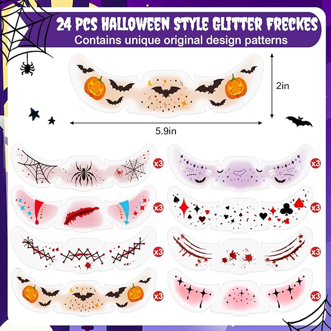 24pcs Halloween Freckles Makeup Patches Face Glitter Speckles, Costumes for Women, Halloween Temporary Face Tattoo Glitter Freckles, Halloween Accessories for Woman ＆ Kids