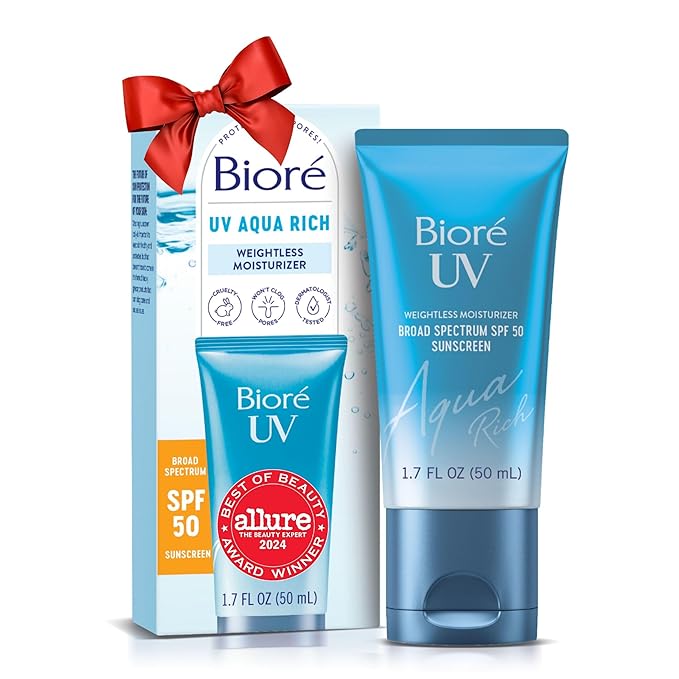 Biore UV Aqua Rich Daily Hydrating Facial Moisturizer with SPF 50 | Oil Free Sunscreen & Primer for Makeup with Hyaluronic Acid, No White Cast, Non-Comedogenic, For Sensitive Skin, PA++++, 1.7 Oz
