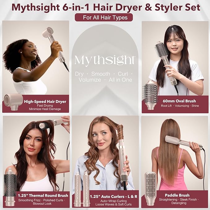 StyleVibe 6-in-1 Air Styler, Hair Dryer & Blow Dryer Brush with Travel Case - Auto Wrap Curls (L/R), Fast Drying, Thermal Round Brush for Smooth Blowouts & Frizz-Free Volume, No Heat Damage