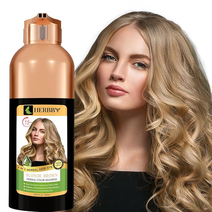 HERBBY Hair Color Shampoo for Gray Hair Coverage&Color Transform with 9 Herbal Extracts –Long Lasting(6-8 Weeks),Shiny,Evenly Colored,Instant Hair Dye Shampoo&Conditioner, 500 Ml (BLONDE BROWN COLOR)