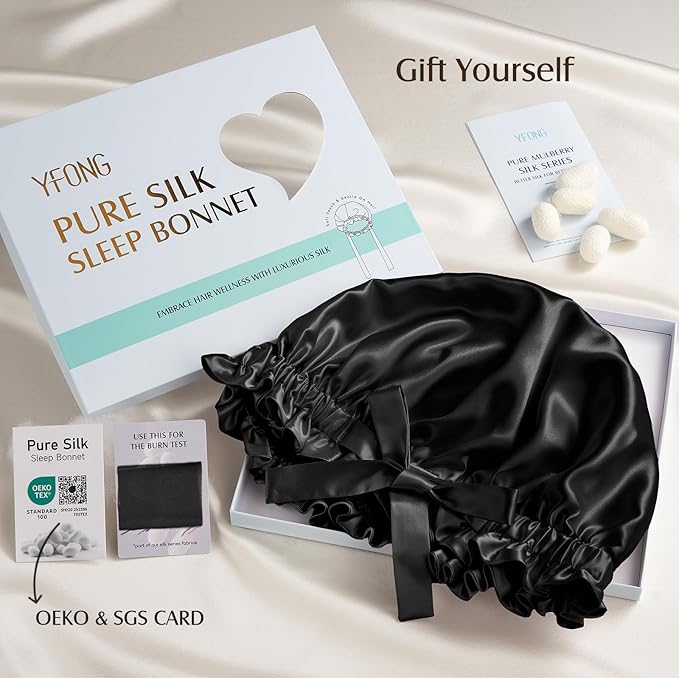 YFONG Double Layered 100% Mulberry Silk Bonnet for Sleeping Women, 22 Momme 6A Luxury Silk Sleep Cap with Elastic Band & Tie, Natural Night Wrap for Hair Care Short Long Curly Hair, Black