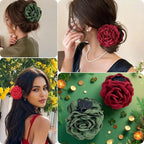 4pcs Handmade Fabric Rose Flower Hair Claw Clip for Women Girls, 3.94" Large Boho Hawaiian Floral Hairpins Barrettes for Thick Thin Hair Styling Accessories(Red Green)