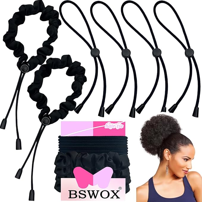 6 Pcs Black Adjust Afro Puff Hair Tie, Adjustable Hair Ties, Thick Black Hair Band, Silk Soft Ponytail Holders, Perfect for Medium Hair to Thick Thin Hair, Heavy and Curly Hair (deep black)