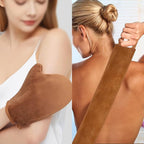 FUNAN Self Tanning Applicator Kit with Soft Mitt, Back Lotion Strap, and Ultra Soft Rose Gold Kabuki Brush, Brown, 3 Piece Set