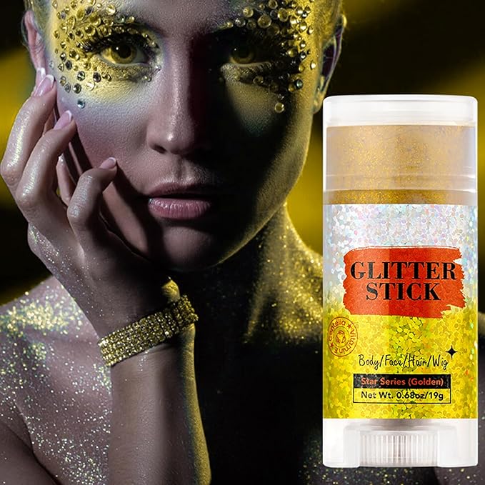 MEICOLY Gold Face Body Glitter Stick,Music Festival Accessories Outfits for Women,Sparkle Glitter Makeup for Face/Body/Hair/,Hair Glitter,Mardi Gras Accessories,Fine Glitter
