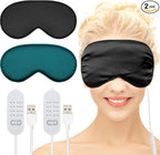 2 Pieces Silk Heated Eye Mask for Dry Eyes USB Steam Warm Compress for Puffy Eyes Adjustable Temp Sleep Eye Mask for Dry Eye, Chalazion, Blepharitis, Stye (Black, Green)