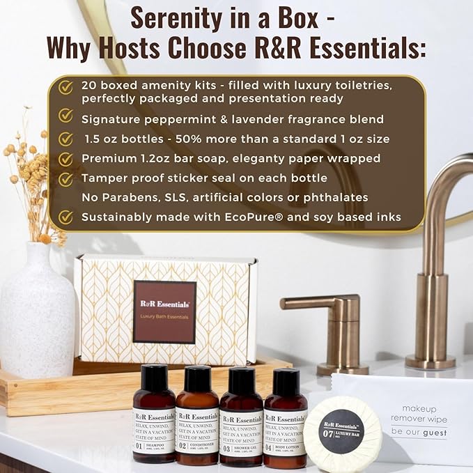 20 Display Ready Boxed Amenity Kits with Premium Hotel Toiletry Essentials - 1.5 oz Shampoo, Conditioner, Shower Gel, Lotion, 1.2 oz Guest Soap & 2 Makeup Remover Wipes - Air bnb & Vacation Rentals