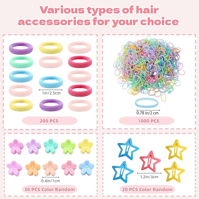 1256 pcs Hair Accessories for Girls Ponytail Holders Toddler Hair Ties with 30 pcs Mini Hair Clips 20 pcs Star Hair Clips