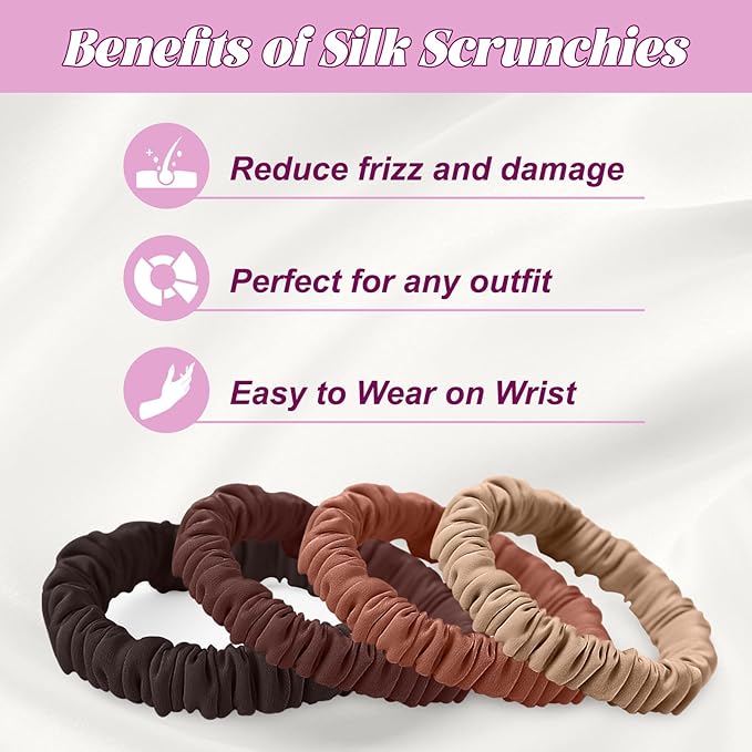 8Pcs Mulberry Silk Scrunchies & Hair Ties - No Crease Skinny Scrunchies Elastic Set for Women All Hair Types, Reduces Breakage (Earth Tones)