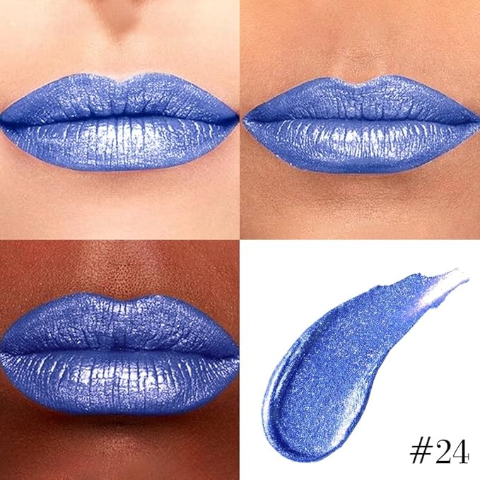 evpct Blue Metallic Glitter Lip Liner and Lipstick Combo Lip Gloss Stain Set Makeup for Women Long Lasting Waterproof 24, Non Stick Cup Metal Shine Shimmer Iridescent Liquid Lipstick 24