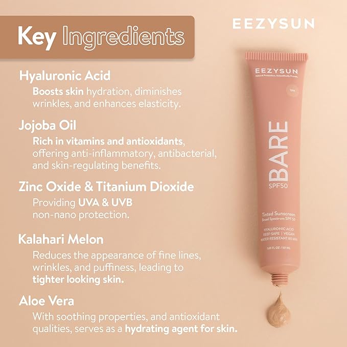 BARE Tinted Sunscreen SPF 50 – Non-Greasy, Water-Resistant, Vegan & Reef-Safe with Hyaluronic Acid & Jojoba Oil – 1.69 fl oz – Tan