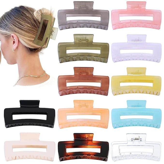 12 Pack Large Square Hair Claw Clips for Women and Girls, 4.1 x 2.1 x 1.2 inch, 12 Rubber Paint and Plastic Materials, Non-Slip Jumbo Jaw Design - Jelly