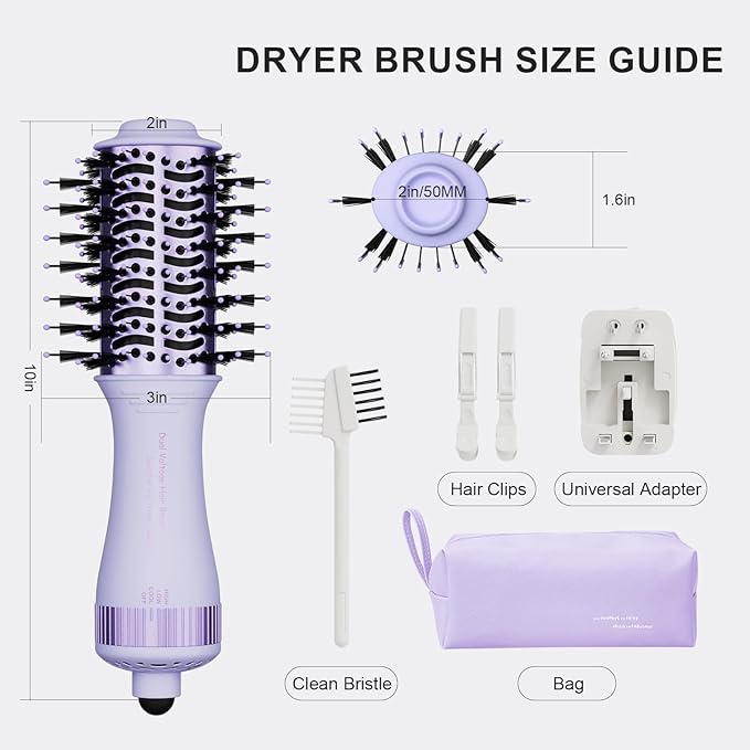 Dual Voltage Hair Dryer Brush Travel Blow Dryer Brush in One,2 inch Portable Mini Hot Air Brush,Travel Hair Tools/Volumizer/Straightener/Curler,European Blow Dry Brush with EU&UK Plug