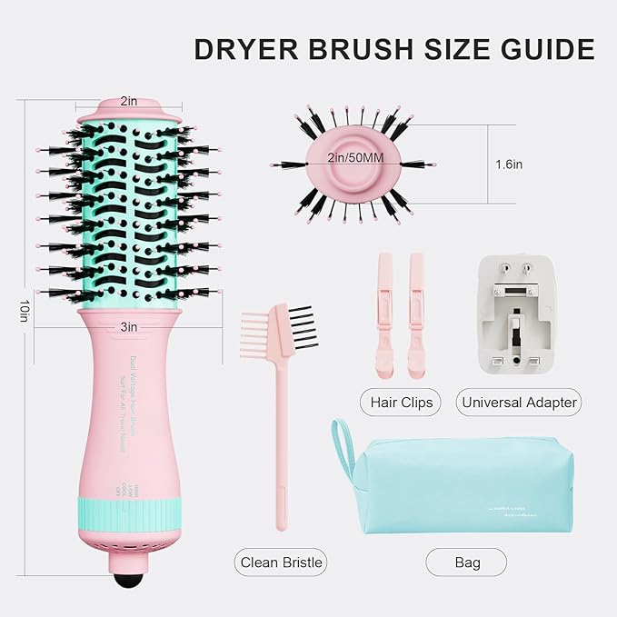 Dual Voltage Travel Dryer Styler in One, 2 Inch Oval Jet Brush for Worldwide Use, 110-240V European Hair Dryer & Volumizer with Universal Adapter