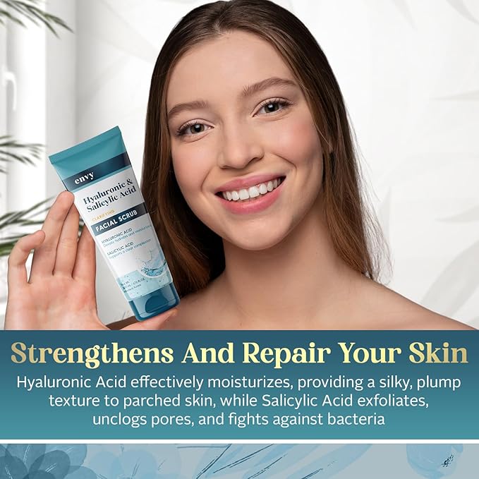 Envy Hyaluronic Acid & Salicylic Acid Face Scrub - Hydrating, Moisturizing & Anti-Aging Facial Exfoliating Scrub - Dermatologist Tested, Clean Beauty for All Skin Types - 6.76 Oz