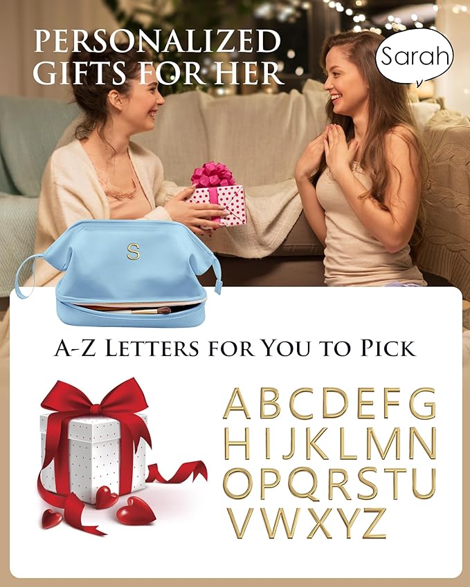 Birthday Gifts for Women, Initial Large Makeup Bag, Personalized Double Layer Cosmetic Bag with Makeup Brush Organizer, Waterproof, PU Leather Travel Toiletry Bag,Bride Gift Monogrammed Gifts