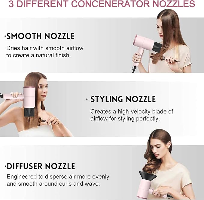 Slopehill Professional Ionic Hair Dryer, Powerful 1800W Fast Drying Low Noise Blow Dryer with 2 Concentrator Nozzle 1 Diffuser Attachments for Home Salon Travel (Pottery Pink and Rose Gold)
