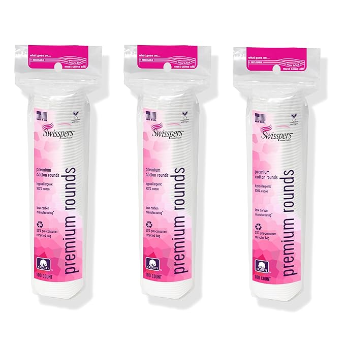 Swisspers Premium Cotton Rounds - 100% Chlorine Free Cotton Face Pads for Makeup, Nail Polish Removal - Dermatologist Tested and Hypoallergenic, Made in USA - 100 Pads (Pack of 3)