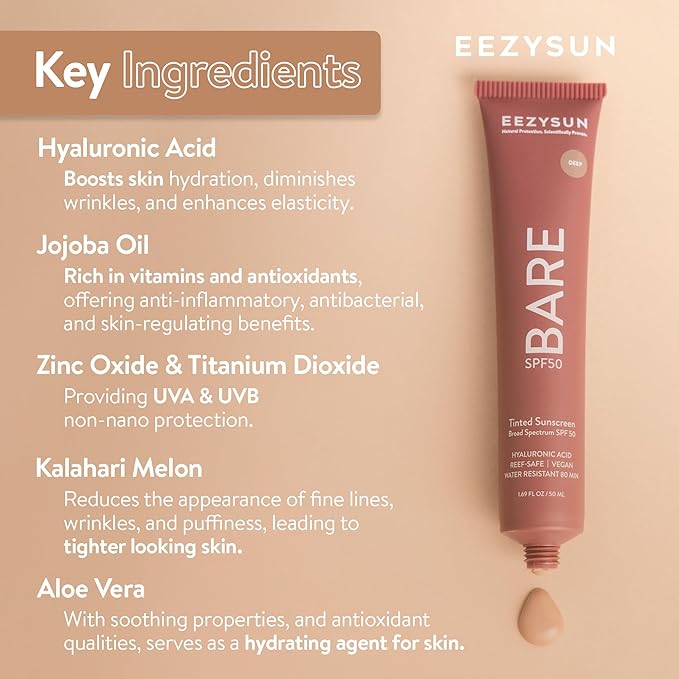 BARE Tinted Sunscreen SPF 50 – Non-Greasy, Water-Resistant, Vegan & Reef-Safe with Hyaluronic Acid & Jojoba Oil – 1.69 fl oz – Deep