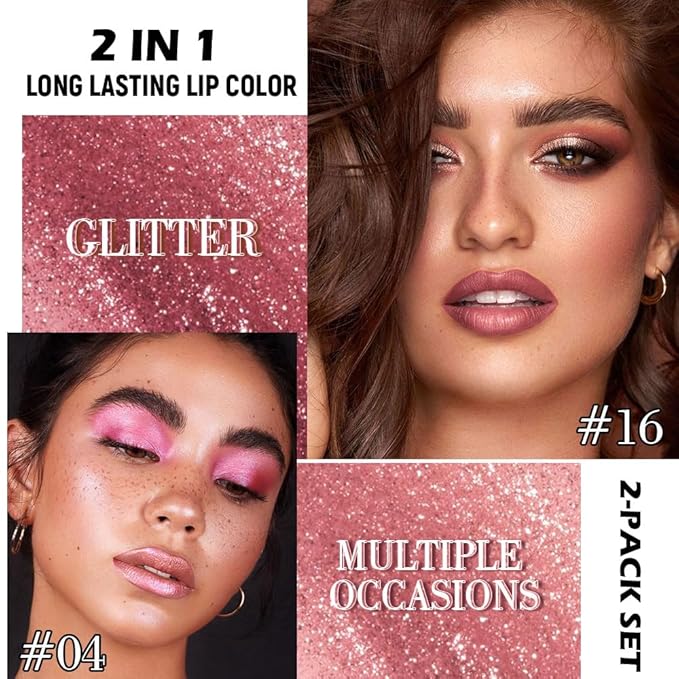 evpct 2Pcs Rose Gold Mauve Metallic Glitter Lip Liner and Lipstick Combo, Shimmery Lip Gloss Stain Set Makeup for Women Long Lasting Waterproof 24, Metallic Shimmer Iridescent Glossy Liquid Lipstick