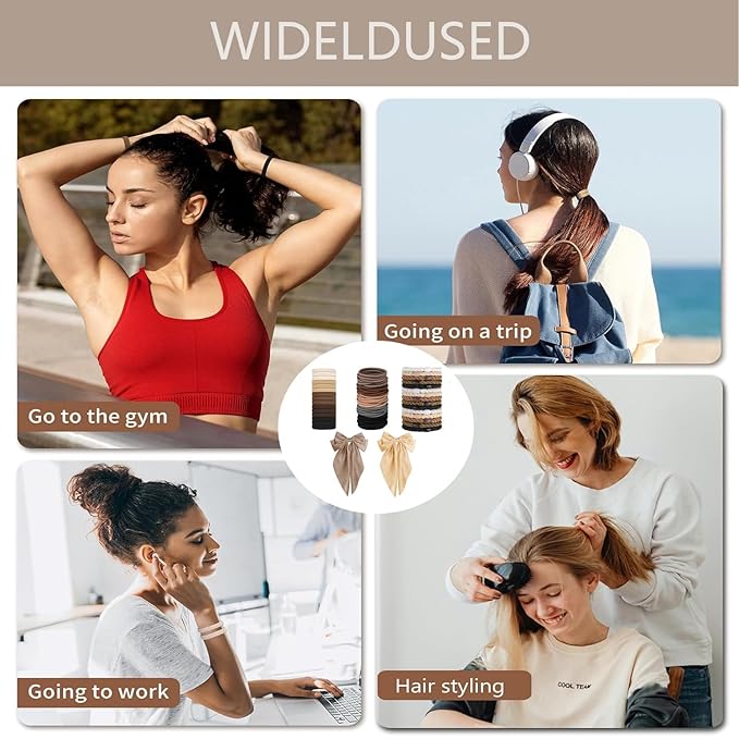 Hair Ties for women 5 styles Hair Elastics(15 No Damage Hair Ties 50 High Elastic Ties 15 Ponytail Holders 2 Big Bow Hair Clips 20Snap Hair Clips)Pain-free No Crease multiple colors for all hair types