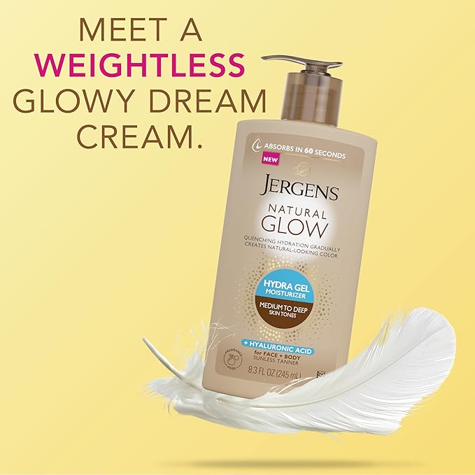 Jergens Natural Glow Hydra Gel Moisturizer, Hyaluronic Acid Tanning Lotion, Hydrating Tanning Gel, Fragrance-Free Self Tanner, Medium to Deep Skin Tones 8.3 Oz