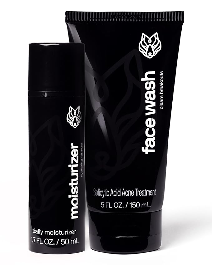Black Wolf Face Wash and Oil-Free Moisturizer Gel Bundle for Oily Skin, Deep Clean- 2pc Bundle- Charcoal Powder and Salicylic Acid Reduce Acne Breakouts and Cleanse Your Skin- Gift Set for Men