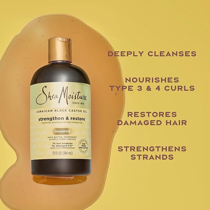 SheaMoisture Strengthen and Restore Shampoo Pure Jamaican Black Castor Oil for Damaged Hair To Cleanse and Nourish Hair 13 oz