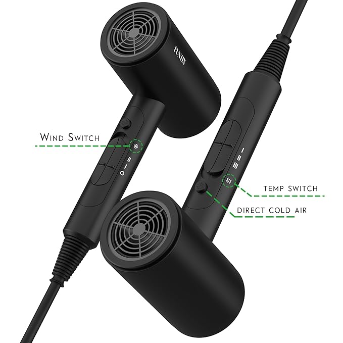 FUNTIN Hair Dryer, Blow Dryer with Diffuser Brush Comb for Women 4C Thick Curly Hair 1800w-Professional Black