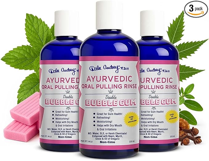 Pack of 3 Ayurvedic Organic Oil Pulling for Teeth and Gums | Bubble Gum Flavored Organic Oral Rinse Mouthwash | Essential Oils for Oral Hygiene, Healthy Gums, Teeth Whitening & Fresh Breath-8 FL Oz