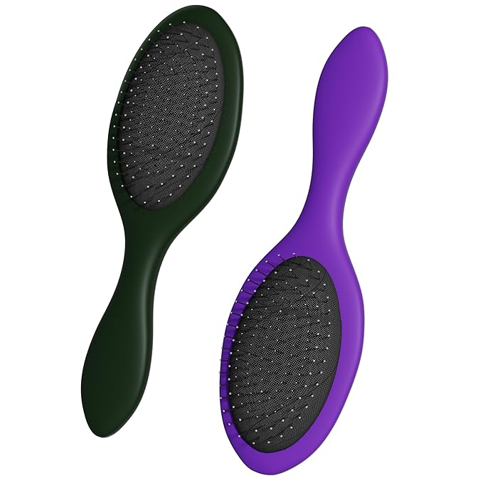 WeiLa Anti-Static Hair Brush Oval, Stainless-Steel Bristles Detangler for Wigs & Hair, ABS Handle (Emerald Green + Violet, Couple)
