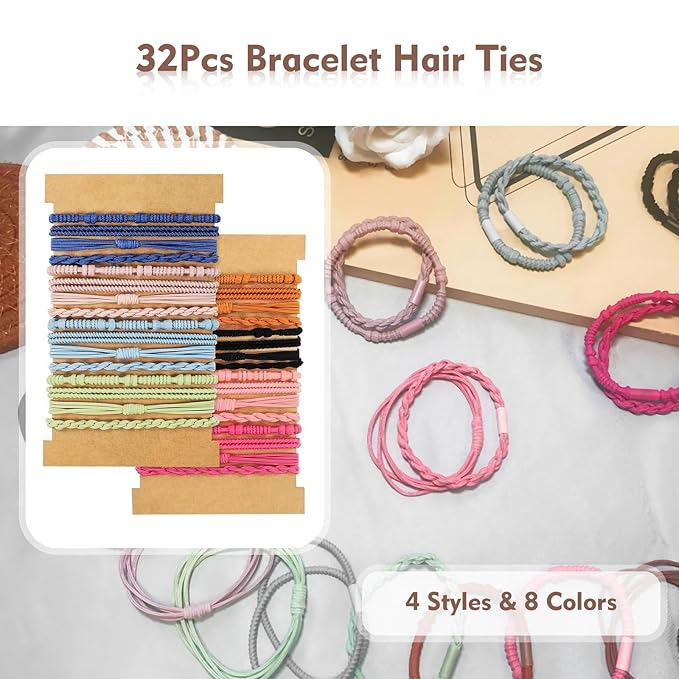 32Pcs Boho Bracelet Hair Ties, No Damage Elastic Bracelets, Brownsoft Hair Ties Accessories for Girls and Women Cute Bands for Thick or Thin Hair