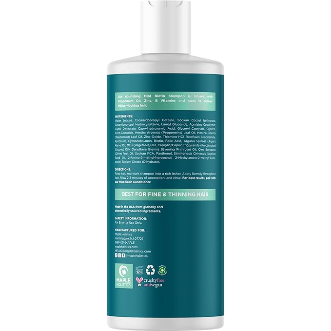 Volumizing Biotin Shampoo for Thinning Hair - Thin Hair Shampoo with Peppermint Argan and Essential Oils for Hair Care - Vegan Sulfate Free Shampoo for Damaged Dry Hair Paraben and Cruelty Free (Mint)