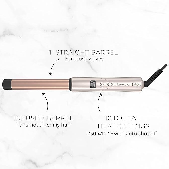 REMINGTON Shine Therapy Argan Oil & Keratin Infused 1 Inch Straight Barrel Curling Wand for Loose Waves, Includes Heat Glove
