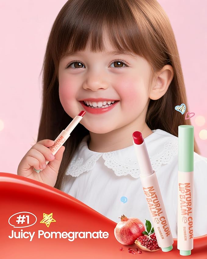 RUNBEN Kids Tinted Lip Balm, Juicy Pomegranate Lipstick, 24H Moisturizing, Safe & Non-toxic Lip Gloss for Kids & Teen, Christmas Makeup Gift for Girls, 2g