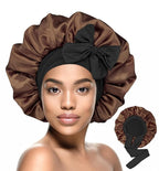 HiRui Silk Satin Bonnet for Sleeping Women, Double-Layer Sleep Cap Shower Cap with Adjustable Tie, Moisture Retaining Satin Lined Hair Bonnet for Curly and Natural Hair (Brown/Black, Large)